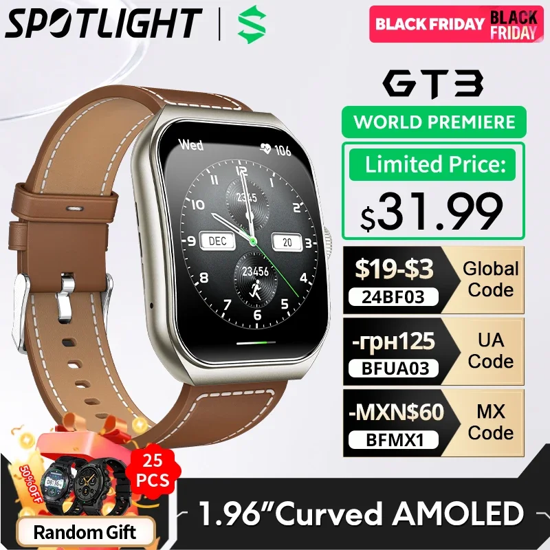 Black Shark Watch GT3 Global Version 1.96'' Curved Display 10 Days Battery Life 24H Health Monitoring 100+ Sport Modes IP68