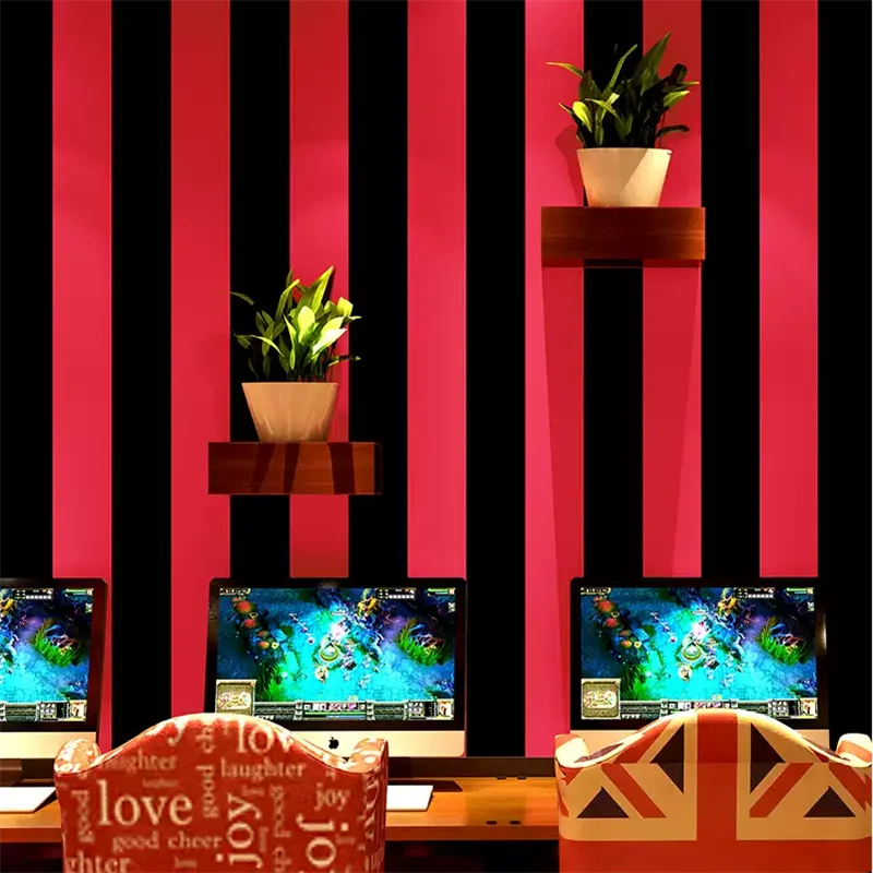 ورق حائط مخطط عمودي باللونين الأبيض والأسود، خطوط بنمط هندسي، غرفة النوم وغرفة المعيشة، ورق حائط بخلفية حمراء وسوداء #2