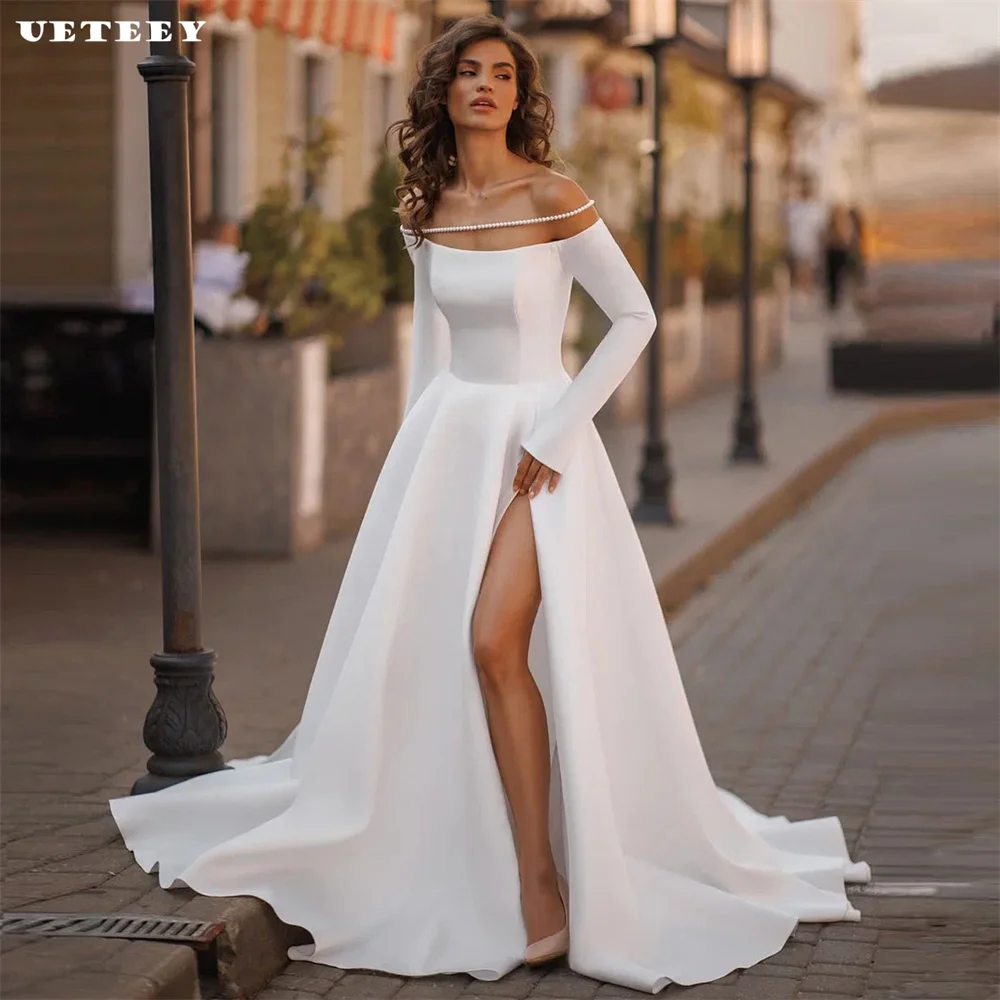 

UETEEY Customized Simple Pearl Off Shoulder Crepe A Line Wedding Dress For Women Slit Zipper Back Bridal Gown vestidos de novia