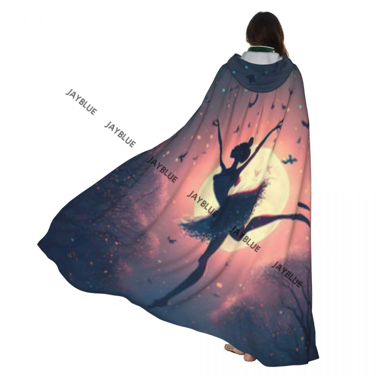 

Ballerina Dancing With Fireflies Crescent Moon Art Hooded Cloak Polyester Unisex Witch Cape Costume Accessory