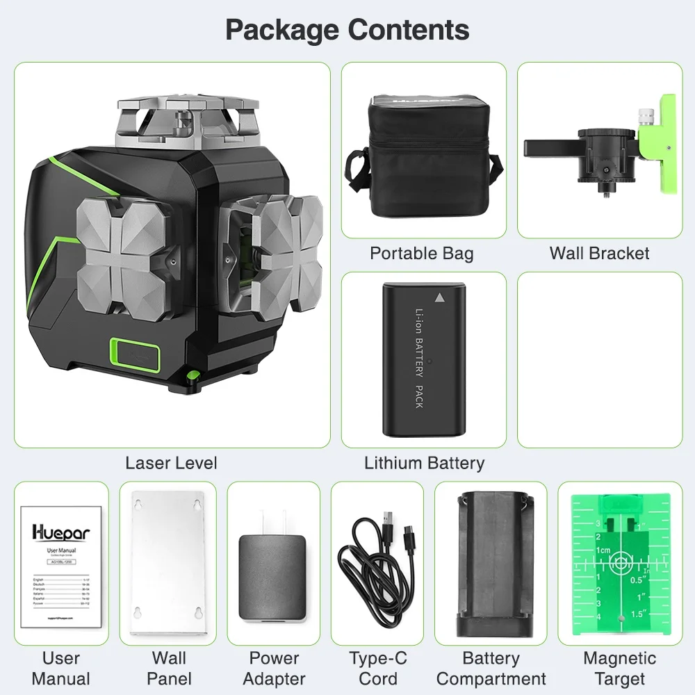 Huepar 8 Lines Cross Laser Level Green Beam Self-leveling Manual Level Tools with Metal Cover & USB Charger / Dry Li-ion Battery