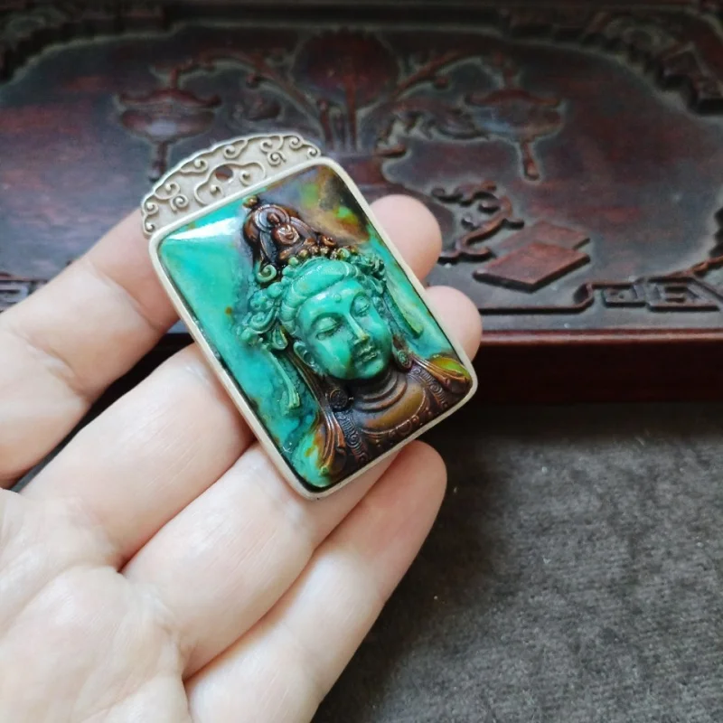

Винтажный старый серебряный кулон с инкрустацией бирюзой Гуаньинь, модный универсальный