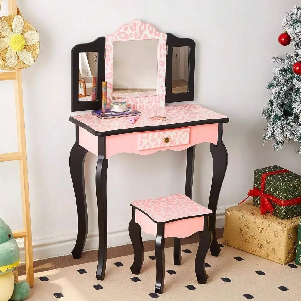 Pretend Play  Vanity Table and Chair Set with Mirror Makeup Dressing Gift