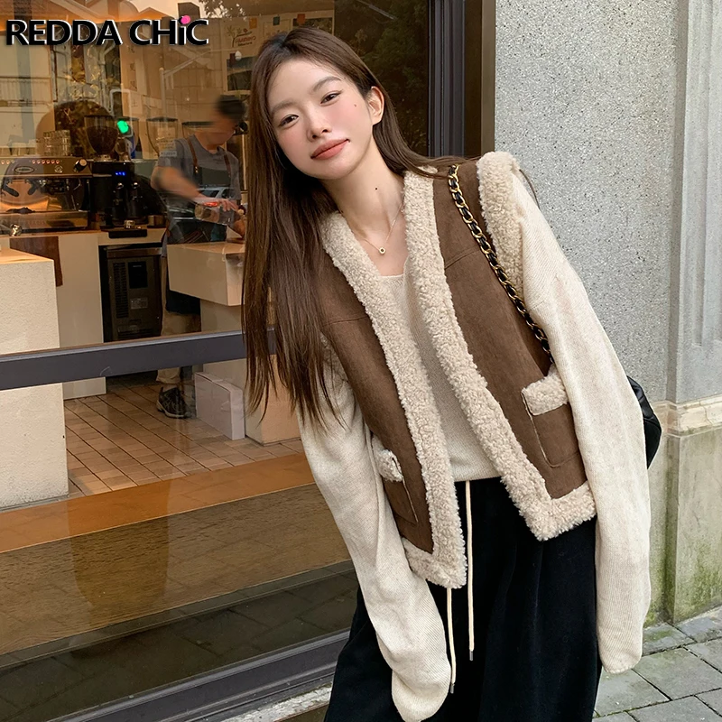 ReddaChic Fuzzy Fleece Sleeveless Jacket Women Open Front Pockets Vintage Brown Suede Leather Vest Warm Winter Casual Outerwear