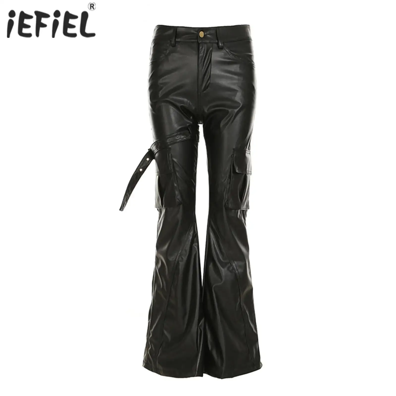 Womens PU Leather Flared Pants High Waist Bell-Bottomed Trousers with Cargo Pockets for Party Club Raves Music Festival Costumes