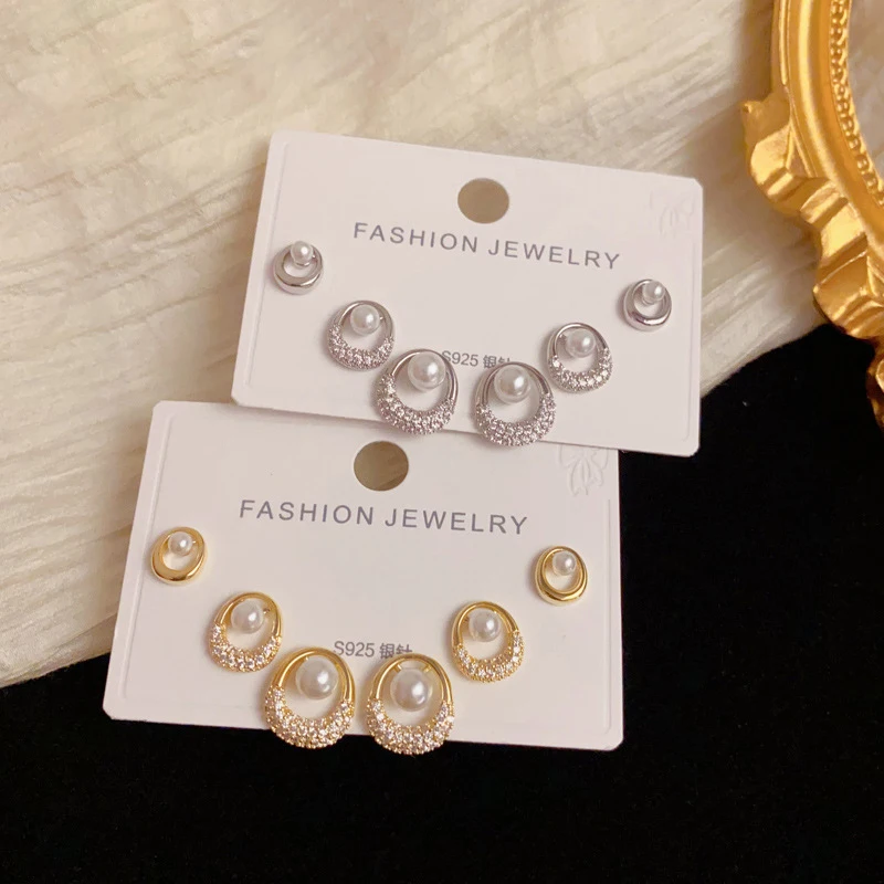 3 Pairs/set Exquisite Versatile 925 Silver Needle Zircon Oval Stud Earrings For Women Party Light Luxury Classic Fashion Jewelry