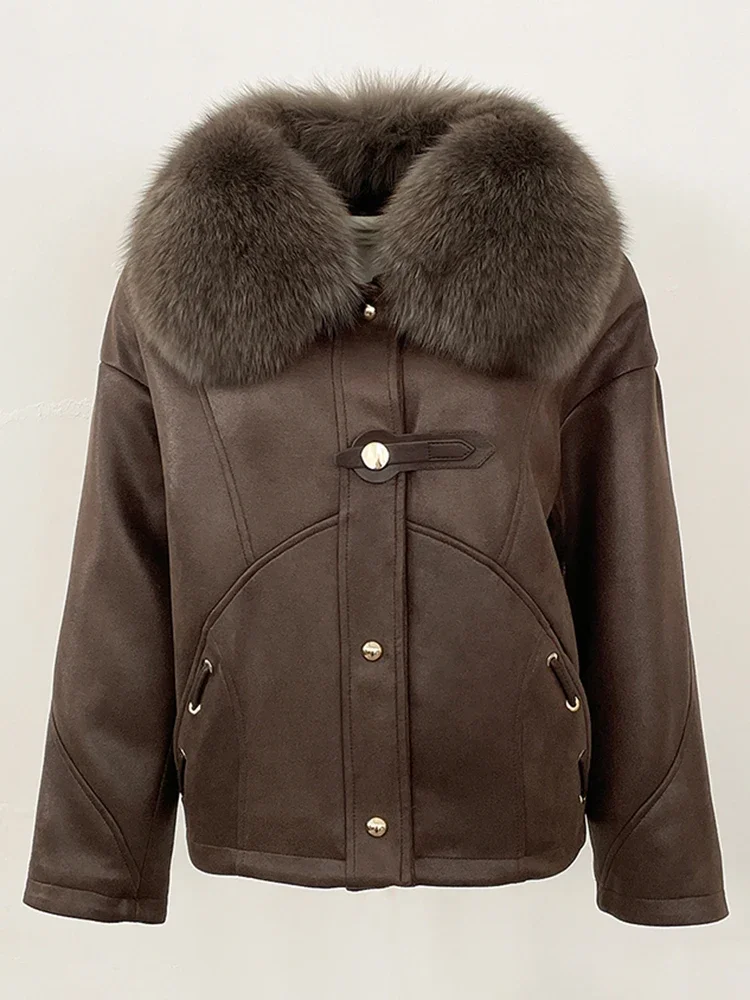 เสื้อแจ็คเก็ตผู้หญิงบุขนห่าน แต่งปกขนสุนัขจิ้งจอกแท้ ผ้าหนังกลับ รุ่นใหม่ประจำปี 2025 เสื้อผ้าฤดูใบไม้ร่วงและฤดูหนาว เสื้อแจ็คเก็ตพัฟเฟอร์ขนสัตว์สำหรับผู้หญิง