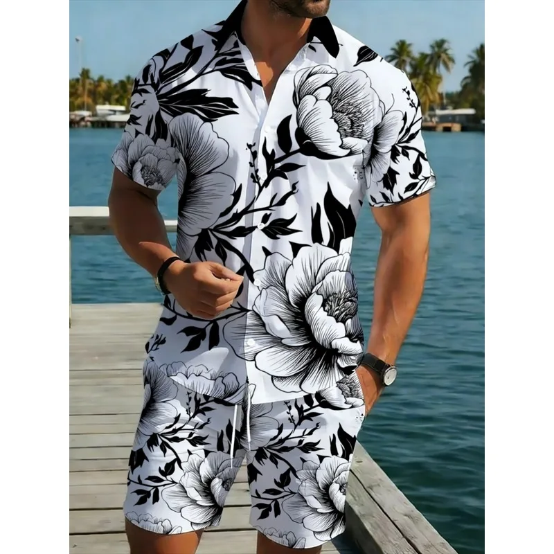 Men Lightweight Polyester Hawaiian Shirt and Shorts Set Casual Beach Swimsuit Outfit Vacation Summer