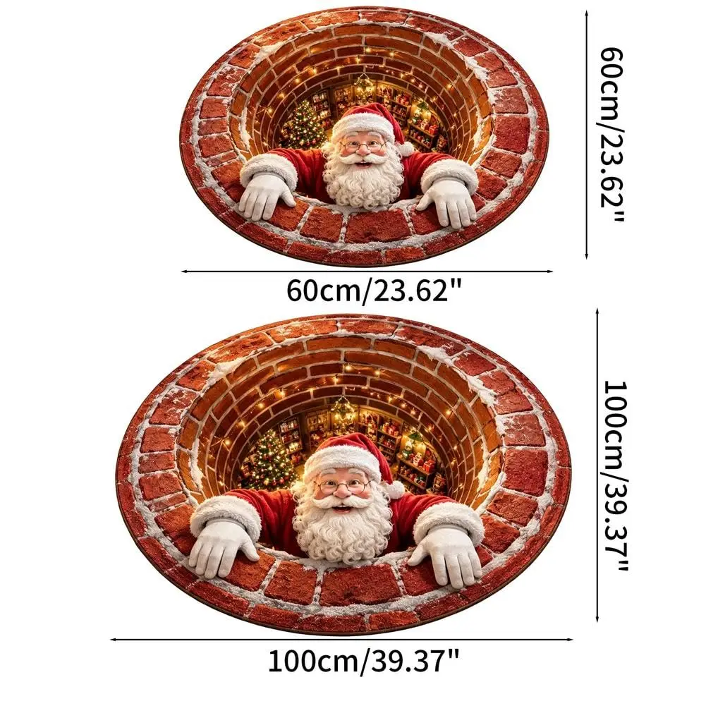 Christmas 3D Rug, Christmas Optical Illusion Area Mat,Optical Illusion Floor Mat with Depth Pattern, Funny Santa Claus Round