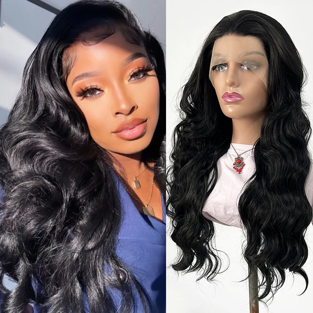 XiuQingCheng 26 Inch Synthetic Lace Front Wigs For Black Women Glueless Body Wave Lace Wig Natural Hairline Heat Resistant Wig