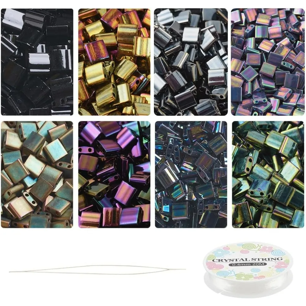 About 208Pcs Metallic Tila Beads Kit 8 Colors 5 * 5mm Glass Seed Beads Kit Including Elastic Thread and Stainless Steel