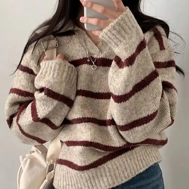 

Knitted Sweater Top Korean Style Lapel Slimming Contrast Striped Sweater Women Winter Long-Sleeved Loose Pullover