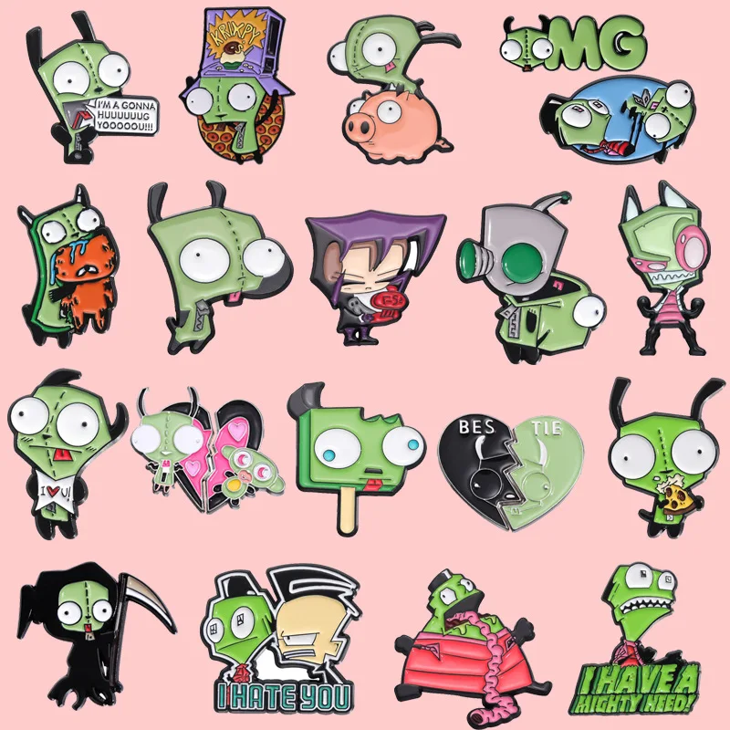 Broche en émail Invader Zim, 1 pièce, broche Alien de dessin animé, chemise à revers, Badge de sac à dos, Collection de bijoux drôle, cadeau pour enfants