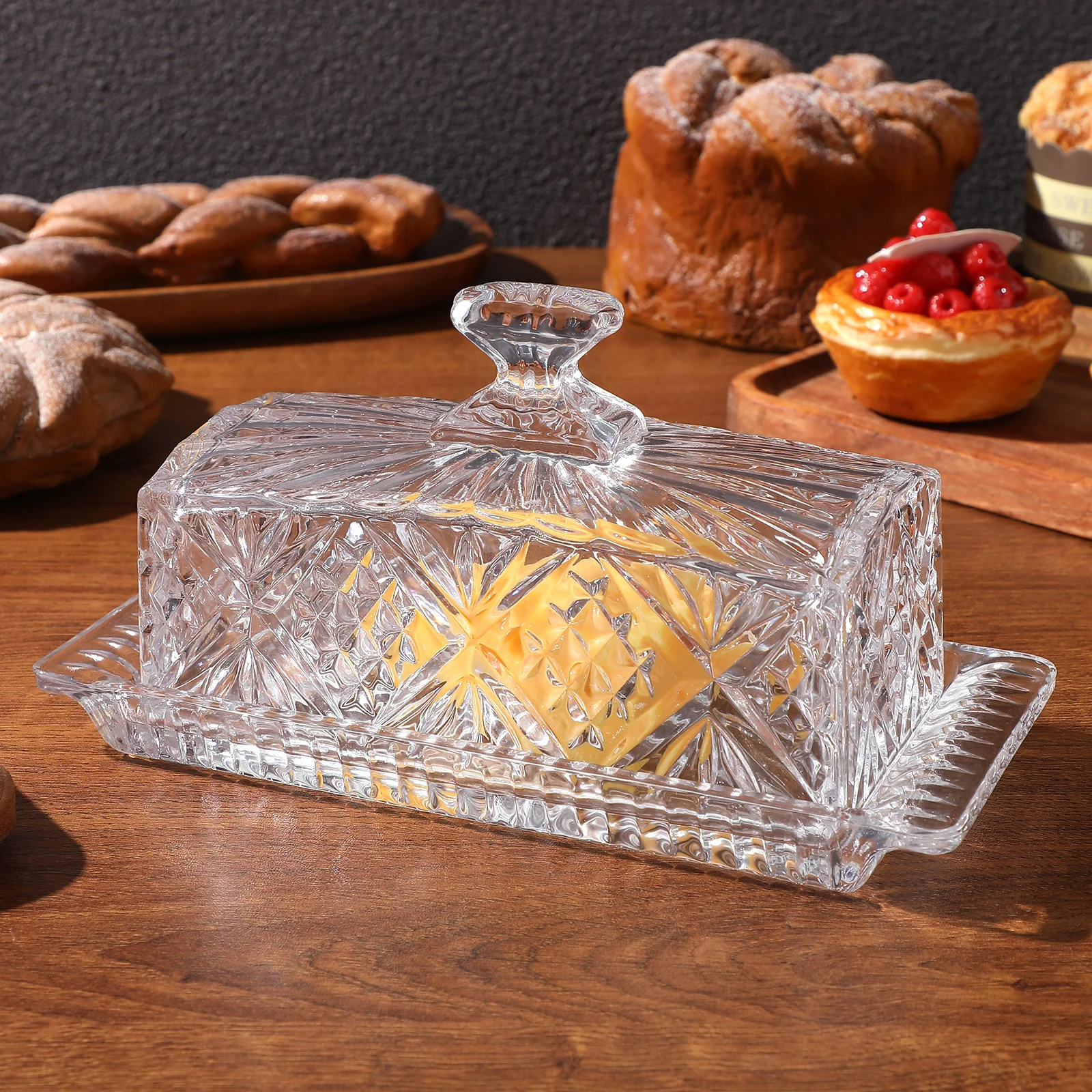 

Butter Dish with Glass Cover Vintage Food Container Lid Countertop Large Cutlery Fancy