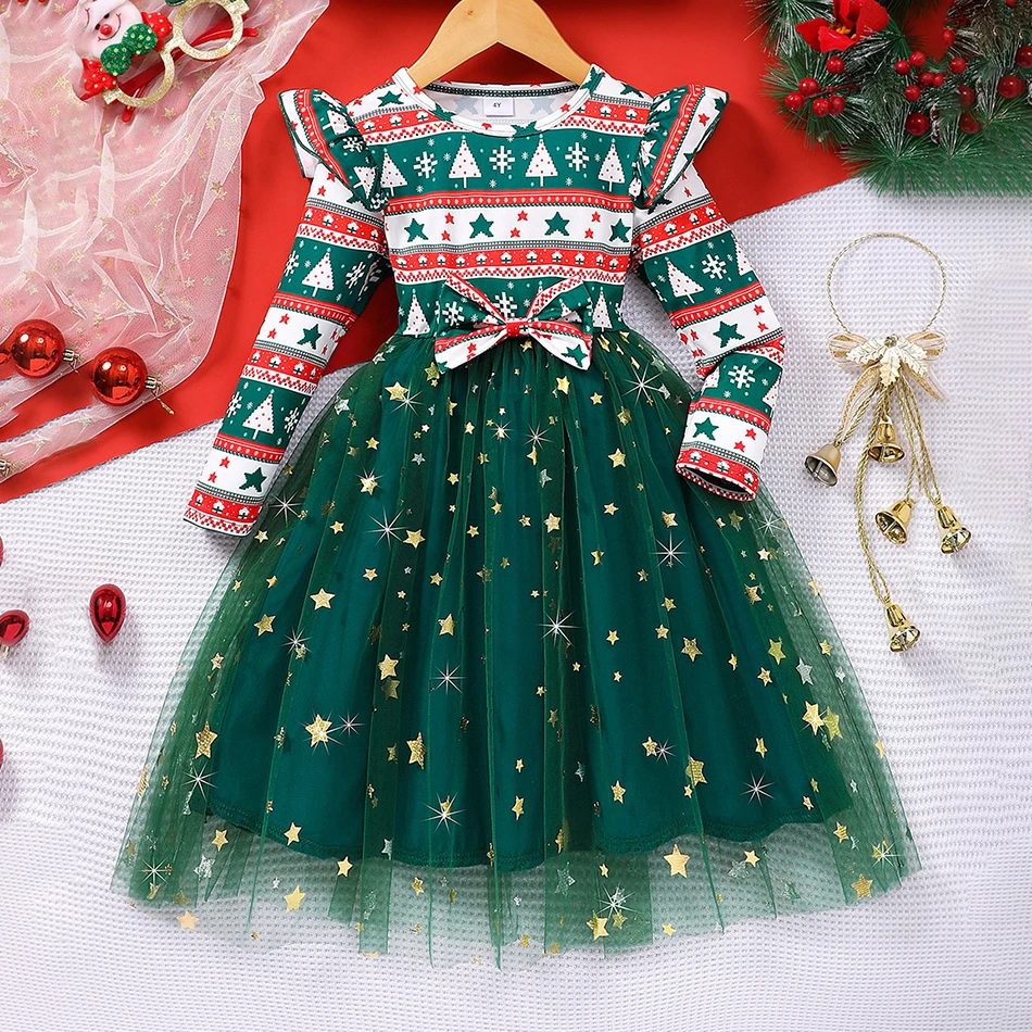 طفلة حفلة الأزهار تنورة الاطفال عيد الميلاد نمط طباعة فساتين الأميرة الفتيات ملابس الطفل نافيداد كم طويل القوس فستان شبكي