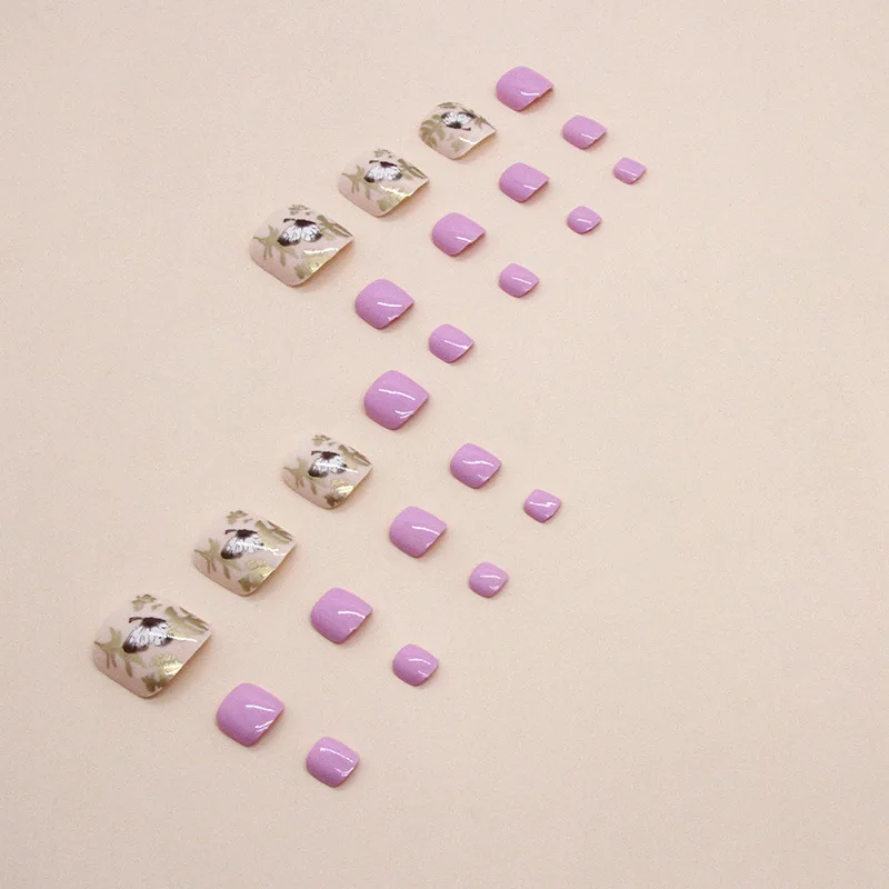 24 قطعة من أظافر الضغط على أصابع القدم - مجموعة باديكير كاذبة من رقائق الوردي والذهبي بتصميم فراشة الزهور الفاخرة بأحجام متعددة #3