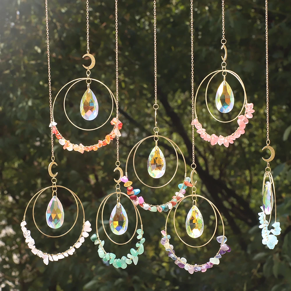 Amethyst Crystal Suncatcher Circle Hanging Gravel Chip Stones Rainbow Light Catcher Window Garden Ornaments Outdoor Decor Gift