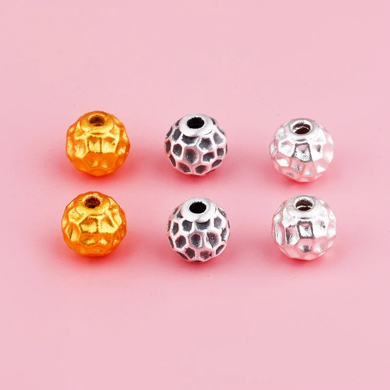 S999 pure silver 3D hard silver crater hammer-patterned bead stringing for cultural play, DIY hand-woven rope