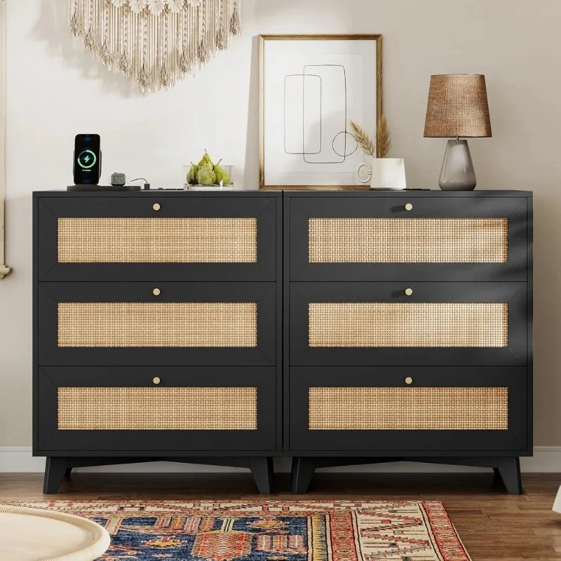 

Black Rattan Nightstand Set of 2 with Charging Station, Natural Boho Bedside Table, End Side Table, 3 Drawer Rattan Dresser for
