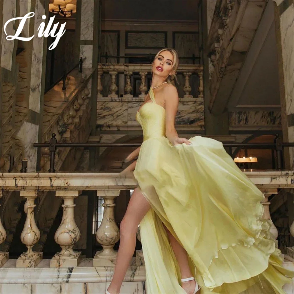 Lily Yellow Prom Dress One Shoulder Sleeveless Evening Dress Pleats Satin Party Dress Sexy Side High Slit A-Line Robe De Soirée