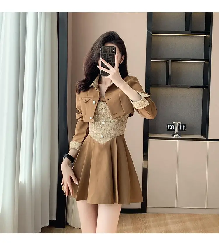 

Korea Sweet Autumn 2 Piece Set Women Short Jacket Coat+Sexy Spaghetti Strap Pleated Dress Two Piece Outfits Clothes For Women