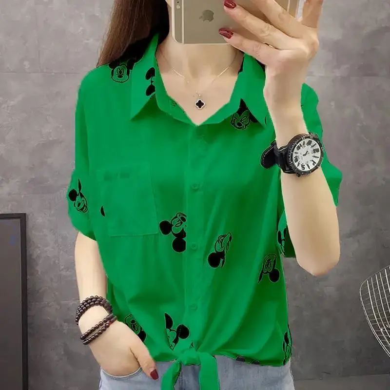 Minimalist Commute Summer New Blouses Women\'s Polo-Neck Spliced Printed Pockets Polka Dot Drawstring Bow Slim Short Sleeve Shirt