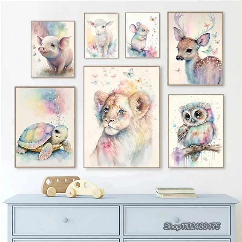 Modern Watercolor Poster Cute Animal Sweet Little Deer Cat Bear Canvas Printing Painting Children Room Wall Art Home Decoration