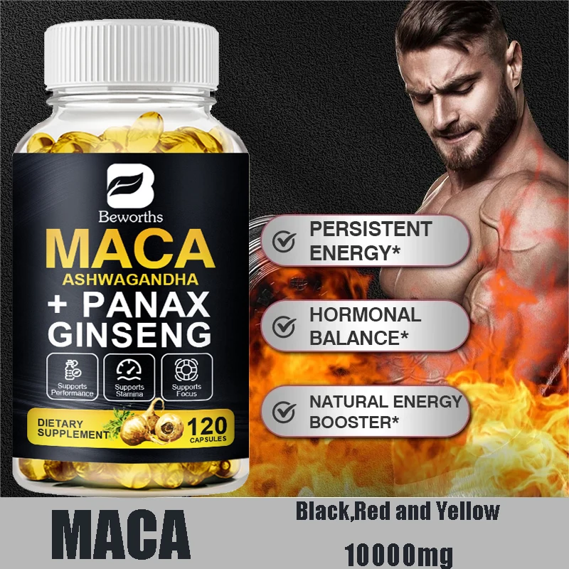 BEWORTHS 10000mg Maca Supplement - with Ginseng and Ashwagandha 600mg - Muscle Mass, Endurance and Vitality Men Health