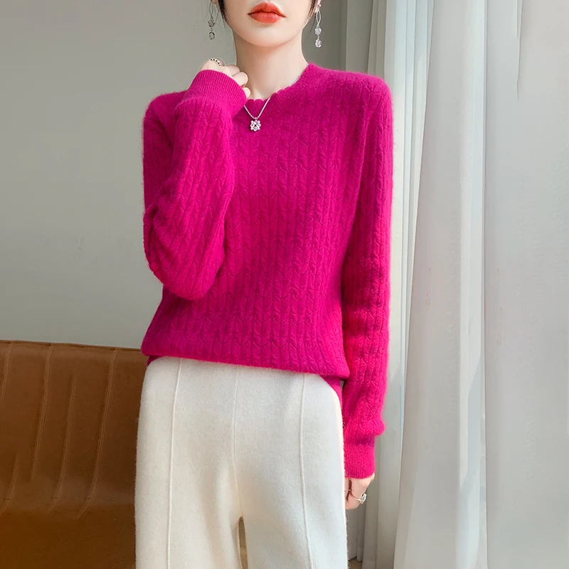 

Lace Round Neck Knitted Women's Sweater 100% Wool Pullover Autumn Winter Warm Wool Sweater Fashion Versatile Women's Clothing