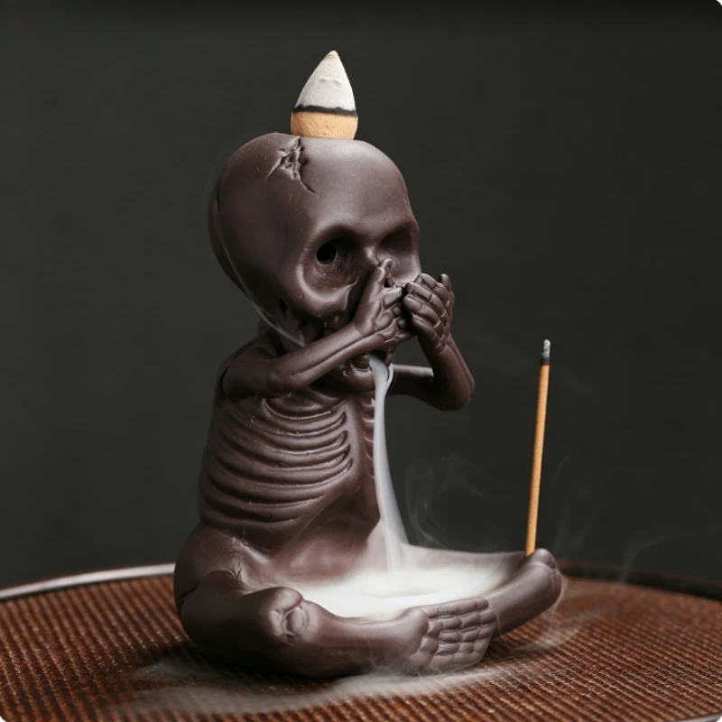 Backflow Incense Burner Waterfall Smoke,Purple Clay Skull Countertop Incense Holder for Relaxation, Zen Meditation Home Decor
