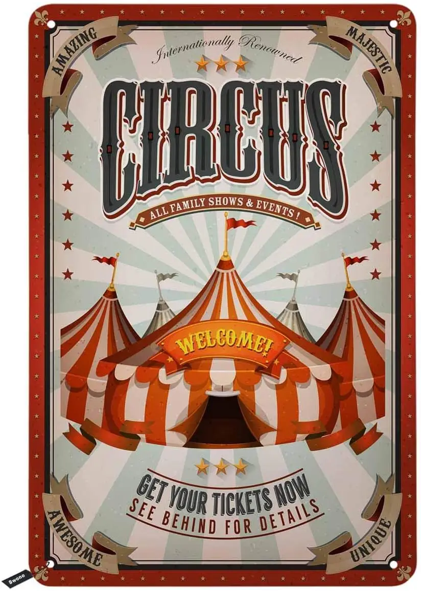 Swono Circus Blechschilder, „Welcome Get Your Tickets Now“-Poster, Vintage-Metallschild für Männer und Frauen, Wanddekoration für Bars, Restaurants,