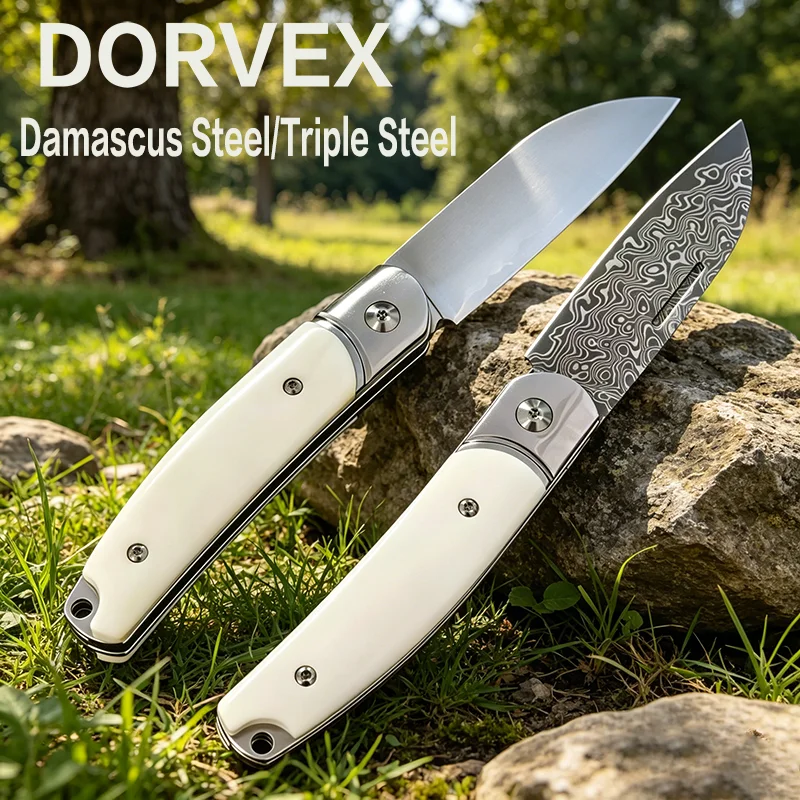 

Portable Lockless Multifunctional Folding Pocket Knife Damascus Steel Blade Bovine bone Handle Camp Fruit Knives EDC Tools