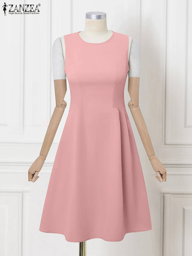 ZANZEA Elegant Office OL Dresses 2025 Women Stylish Party Dress Summer Sundress Short Sleeve Solid Work Midi Robe Waisted Robe