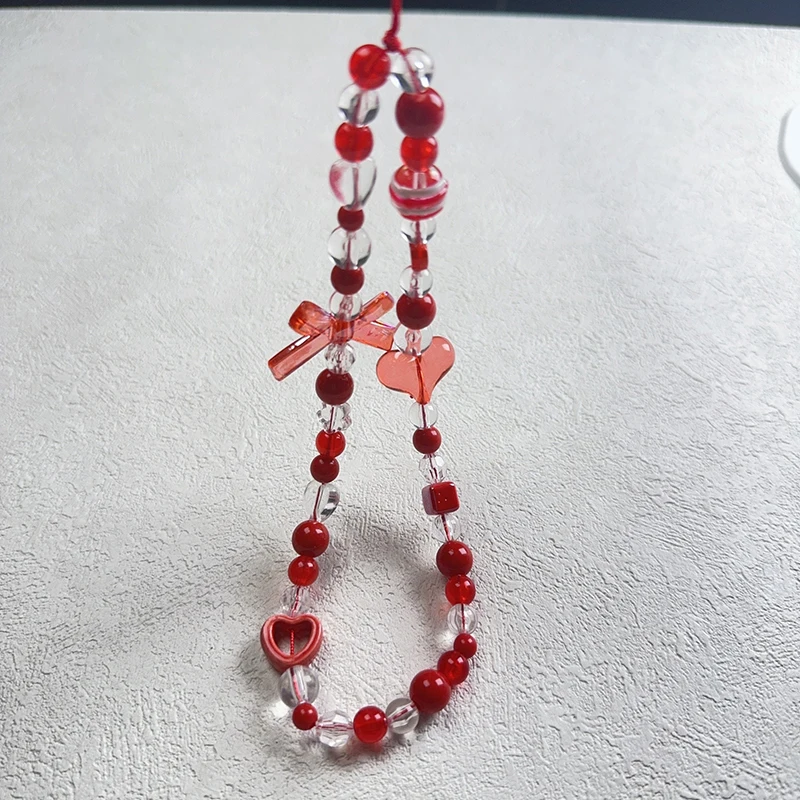 Ins Spicy Girl High-end Cute Redbow Heart Mobile Phone Strap Handmade Beading Diy Hanging Rope Pearl Chain