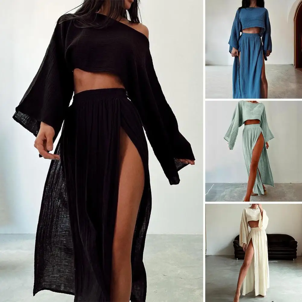 

Women Bikini Coverup Women Crop Top Skirt Set Stylish Women's Crop Top Skirt Set Long Sleeve Slant Neck High Waist for Vacation