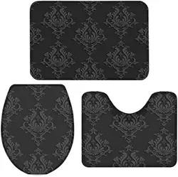 Brown Bath Mat 3 Piece Bathroom Rugs Set Non Slip, Soft Water Absorbent fot Tub Floral Damask Art Pattern 1