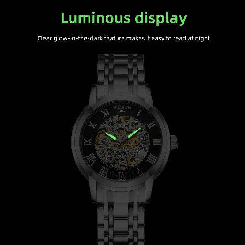 ساعة أوتوماتيكية فاخرة للرجل ساعة ميكانيكية مقاومة للماء مضيئة من الفولاذ المقاوم للصدأ ساعة أوتوماتيكية ساعات مجوفة relógios