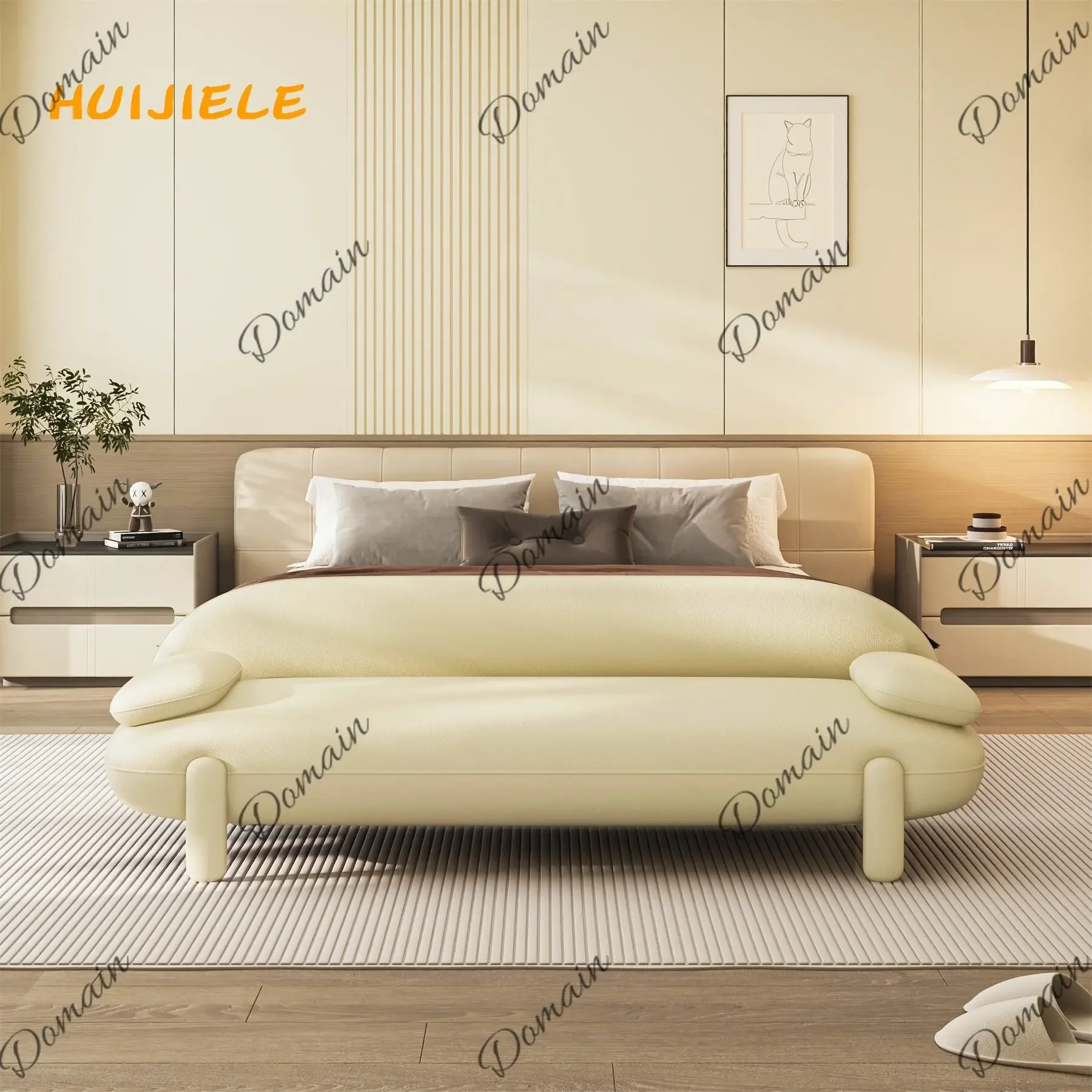 BJ Modern Cream Style Bed Bench Sofa For Bedroom Hotel Home, Upholstered Bed End Bench With Storage, Comfy Bedside Seat Cushion