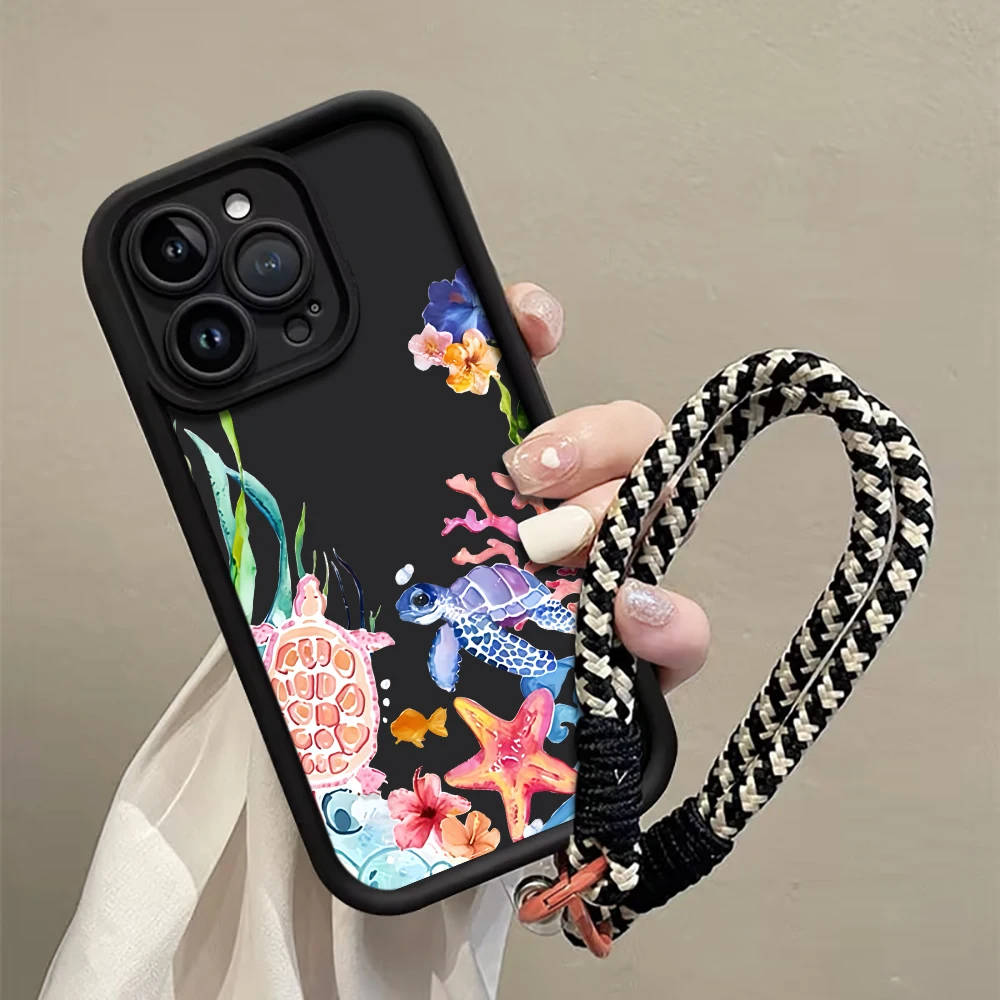 Aquarell-Schildkröten-Handyhülle mit Trageriemen für iPhone 12 13 14 15 16 17 Pro Max 15 14 13 Plus 17 E Stoßfeste Matte Silikonhülle – Detail 1