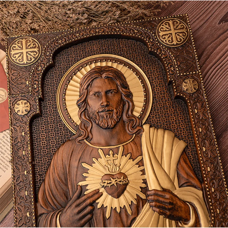 Handmade Wooden Sacred Heart Statue - Religious Wall Art Plaque, Catholic Christian Home Decor, Church Altar Wood Carving, Jesus
