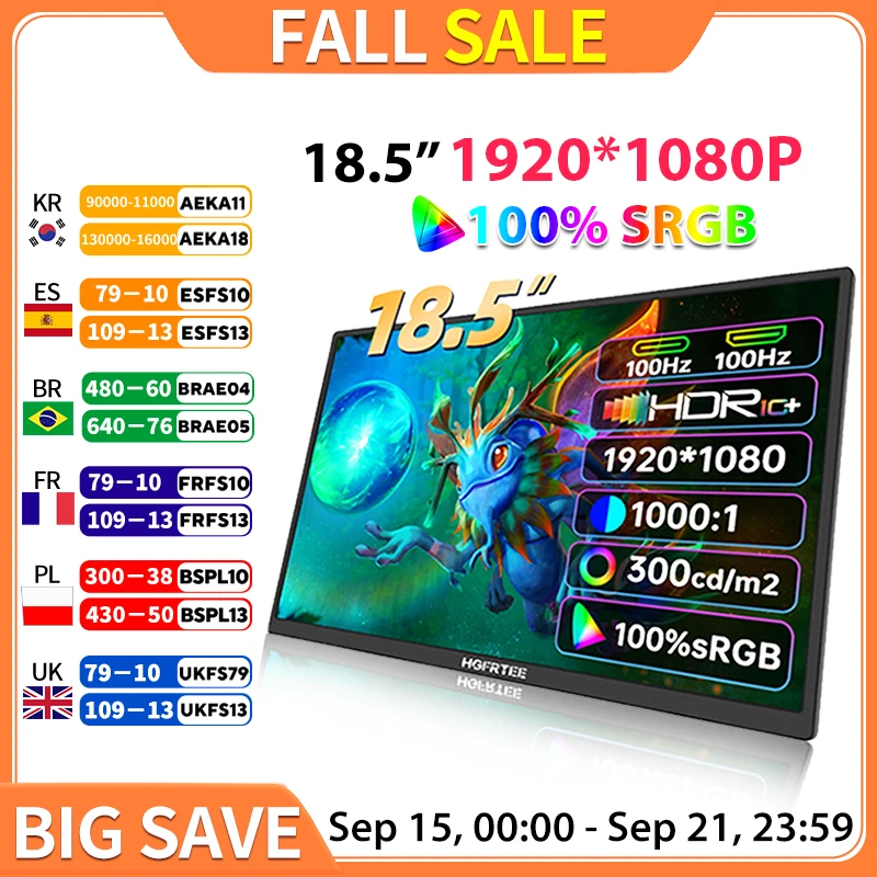 

HGFRTEE 18.5inch Portable Monitor ADS-IPS 100Hz RGB100% Extended Display Laptop Second Screen With VESA Hole&Stand