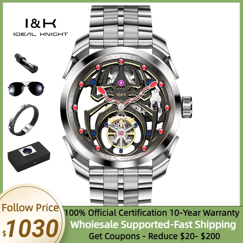 

Ideal Knight Luxury Top Tourbillon Mechanical Watch for Men Sapphire Crystal Mirror 50M Waterproof Luminous Spider Wristwtach