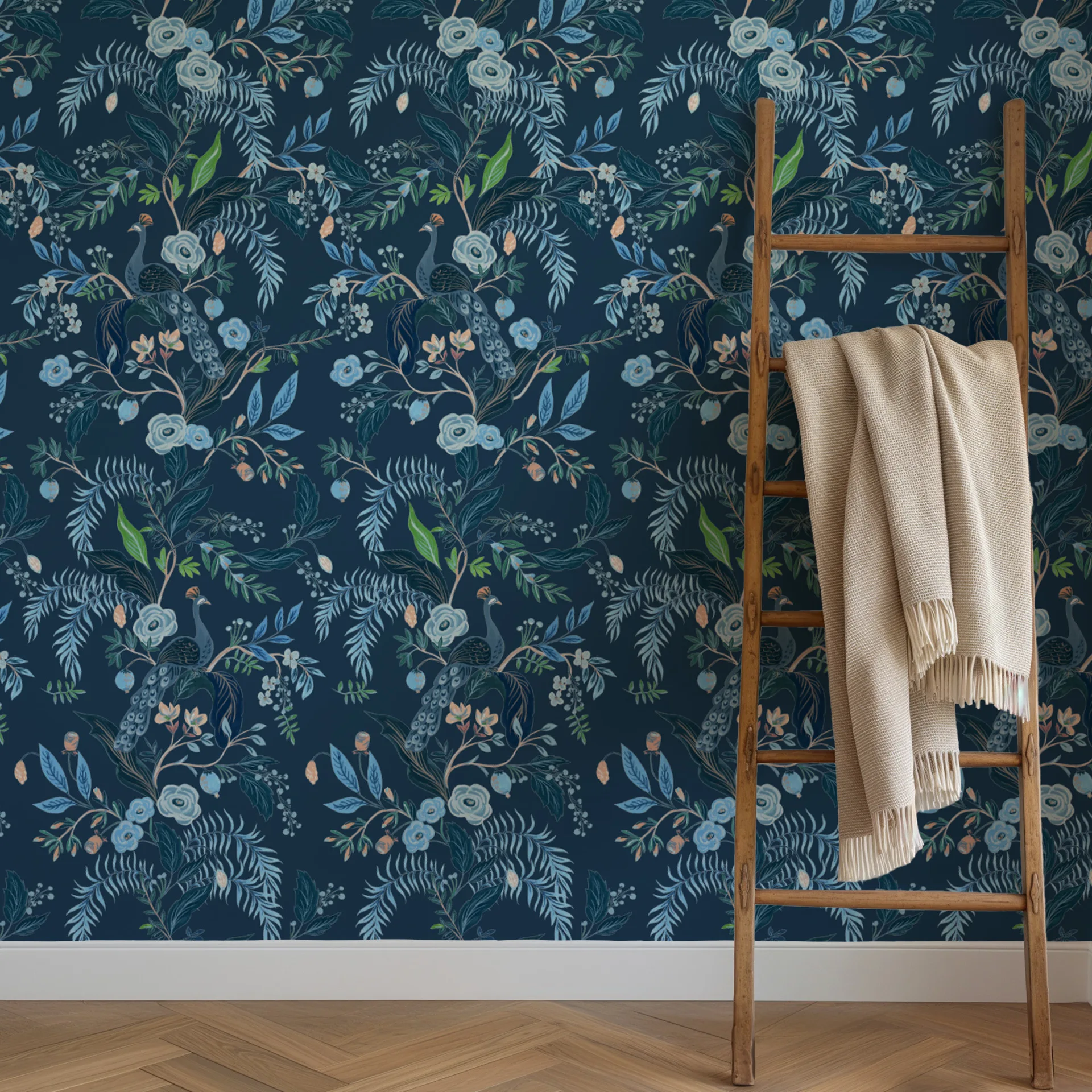 Blue Peacock Peel and Stick Wallpaper Boho Floral Self Adhesive Wall Paper Waterproof Leaf Contact Paper for Cabinet Shelf Liner