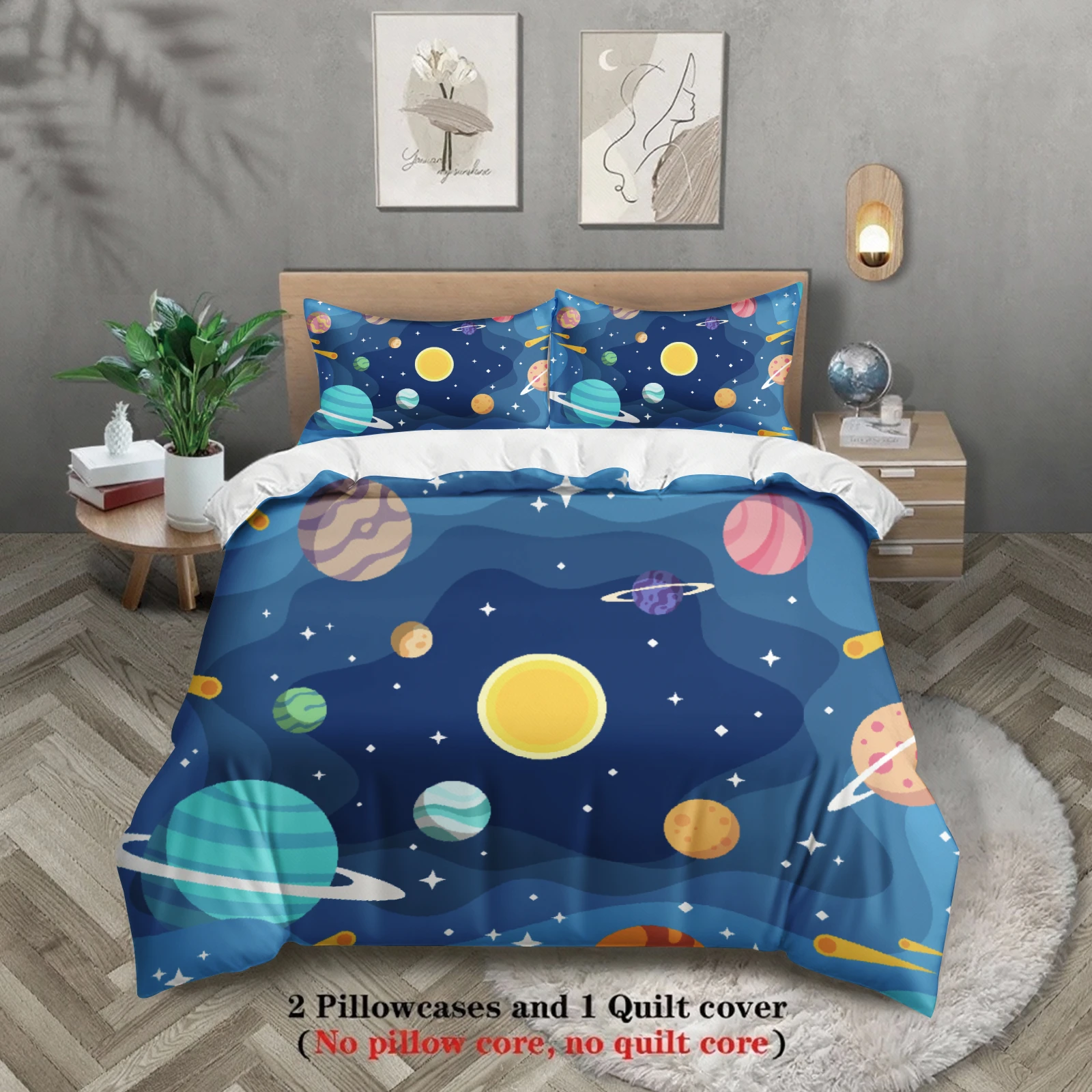3pcs Space Planet Bedding Sets 3D Printed Cosmic Universe Duvet Cover Sets With Pillowcases No Filling