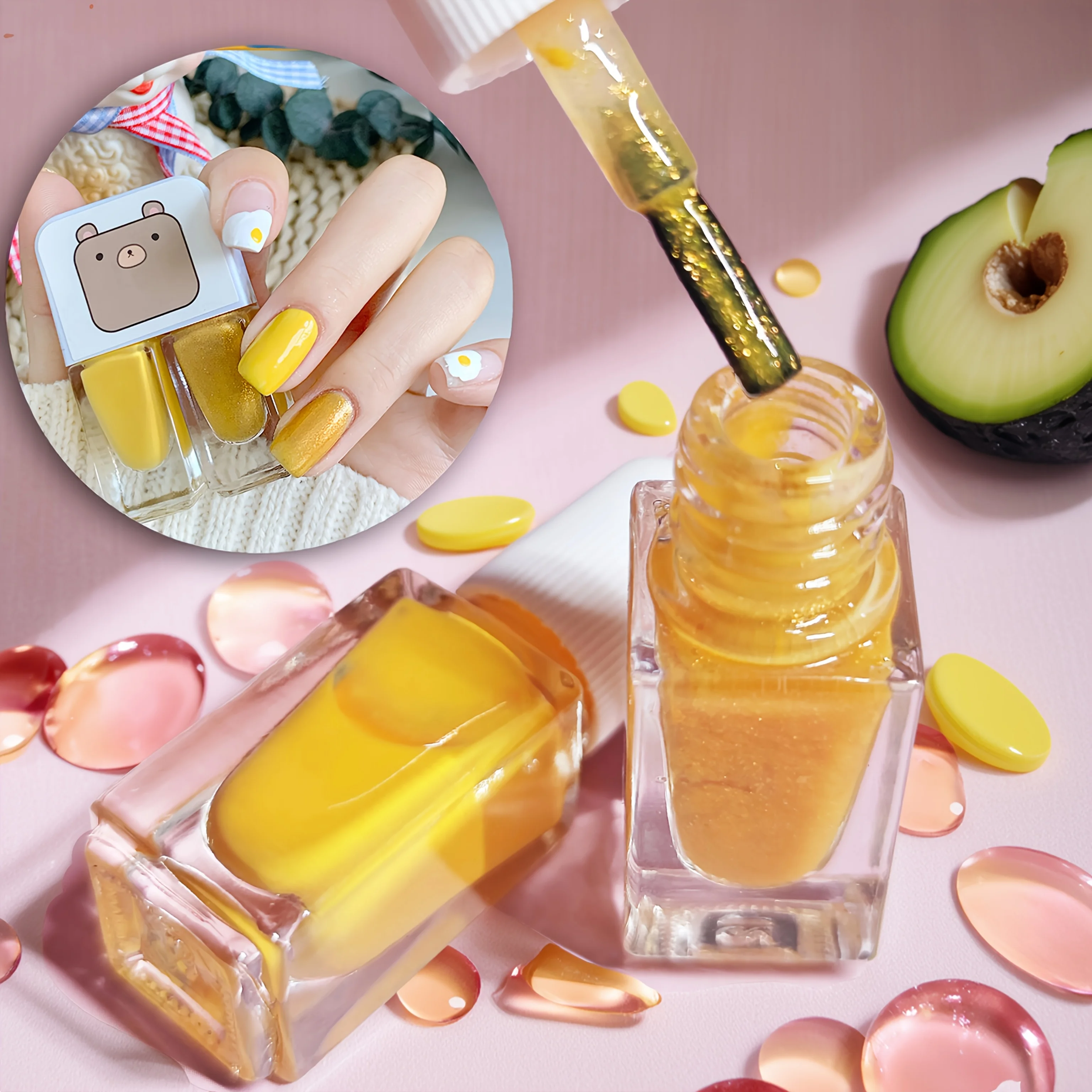 D25 Yellow Fairy Nagellack mit 2 Flaschen, kein Backen, schnell trocknender, langlebiger, abziehbarer, dreifarbiger Nagellack auf Wasserbasis