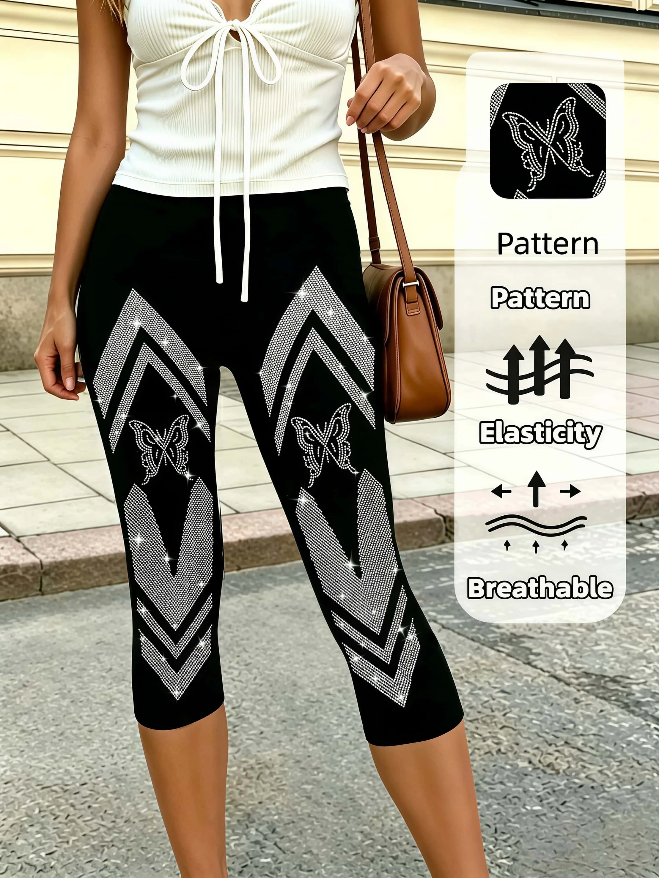 Women’s Black Butterfly Print Rhinestone Capri Leggings High Elastic Breathable Workout Pants for Party Street Style