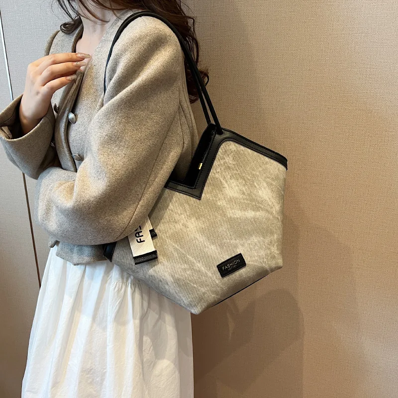 Korean Style Big Bag 2023 Autumn and Winter New Women's Bag Casual All-match Canvas Bag Commuter Shoulder Bag Student Tote Bag