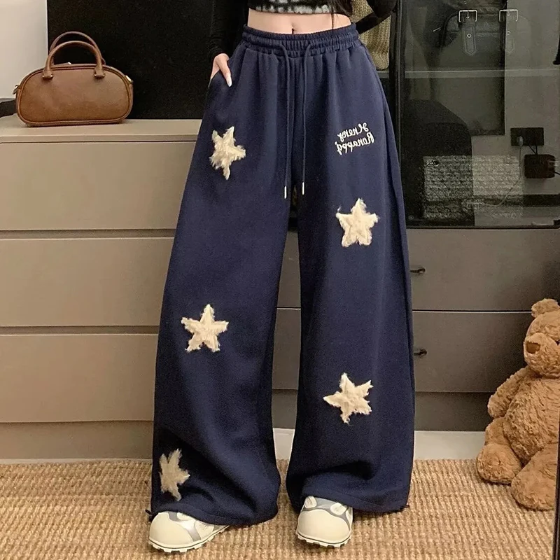 American Vintage Star Pants Women Embroidered Sweet High Waisted Wide Leg Trousers Preppy Style Cute Casual Lazy Hiphop Pants