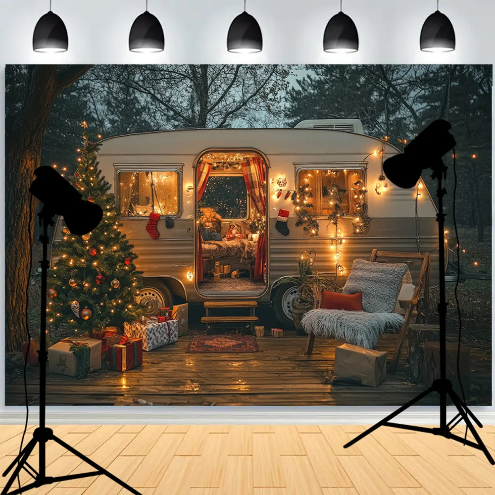 Camping Christmas Scene Cozy Retro Photo Studio Background Fireplace Xmas day New Year Holiday Photography Backdrops Props DC-20