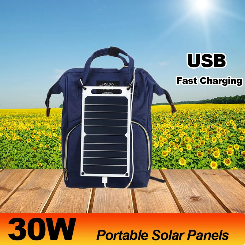 

30W Solar Panel With USB Waterproof Outdoor Hiking And Camping Portable Battery Mobile Phone power bank Charging Panel 6.8V